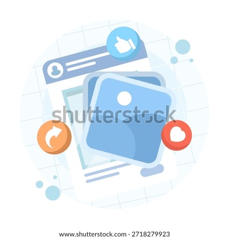 Social media post illustration with like, love, and share icons. Vector illustration for online interaction, engagement, and digital platform communication.