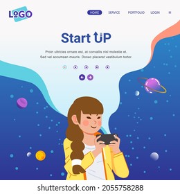 social media post image for modern start up business company, young women playing game with her phone, outer space as background. used for social media post image and other