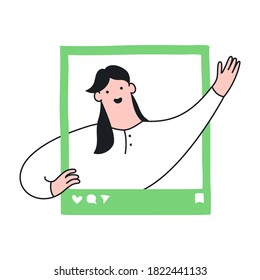 Social media post, Instagram photography of greeting cheerful woman. Social media influence, network profile in the frame. Flat line isolated vector icon on white  background