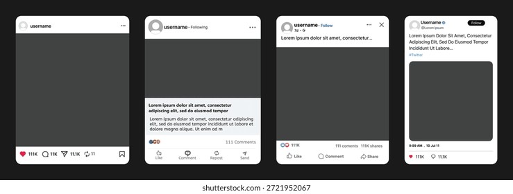 Social media post interface mockup showing content cards with engagement metrics, text layout and interaction buttons in modern light and dark UI design for digital feed presentation