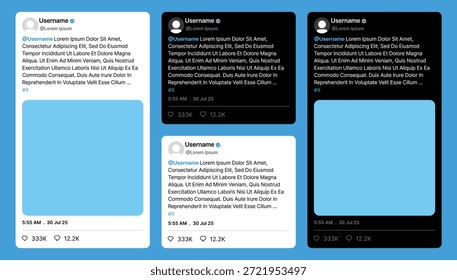 Maqueta de interfaz de publicación de redes sociales con tarjetas de contenido de texto y Imagen en diseños de temas claros y oscuros, Plantilla de diseño de interfaz de usuario de alimentación social moderna para presentación de comunicación digital