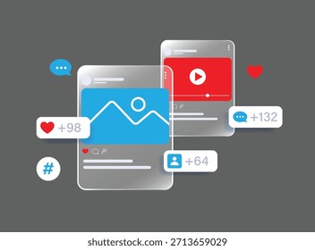 social media post interface with photo and video content engagement metrics including likes comments followers and hashtags in modern flat design on dark background for marketing and analytics