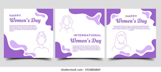 Publicación en medios sociales para el Día Internacional de la Mujer. Fondo blanco con forma púrpura abstracta e ilustración de una mujer. Vector de diseño plano. Usable para medios sociales, folletos, banners y web.