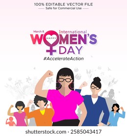 Social media post for International Women's Day 8th March 2025. Woman sign symbol and pink background for women's day theme campaign- #AccelerateAction