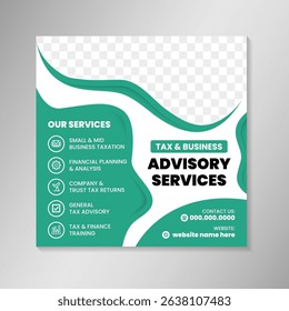 Social media post for law and consulting firm on square layout flyer or web page banner template design. wave green element with space for photo and infographic design isolated on white background.