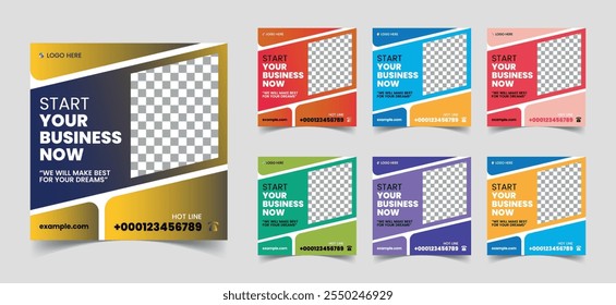 Social Media Post Layout Set with various colors. Square social media poster for school, medical, corporate office etc. this social media post template is vector illustration with photo collage.