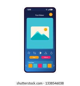 Social media post maker smartphone interface vector template. Mobile app page blue gradient design layout. Photo editor screen. Flat UI for application. Add text, effect, filter feature. Phone display