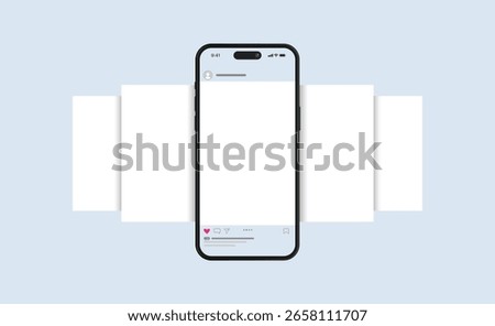 Social media post mock up vector layout template, Mobile app interface with blank pictures, editable posts.