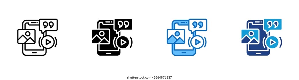 Vector de diseño de íconos de estilo múltiple de publicación de redes sociales: pantalla de teléfono inteligente con Elementos de Imagen Video, texto y cita, que representan la creación de contenido digital o contenido móvil