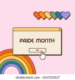 Social media post in old school nostalgic design for LGBTQ Pride Month. Retro 80s 90s aesthetic background with rainbow and hearts. Queer poster or card in vaporwave Y2K style. Vector illustration.