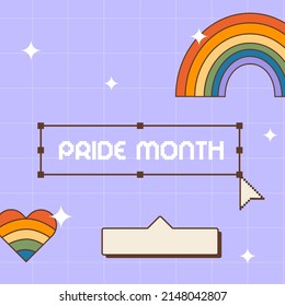 Social media post in old school nostalgic design for LGBTQ Pride Month. Retro 80s 90s aesthetic background with rainbow and heart. Queer poster or greeting card template in vaporwave Y2K style. Vector