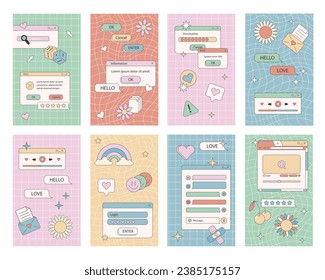 Social media post in old school nostalgic design. Retro 80s 90s aesthetic backdrops, vintage backgrounds with old computer user interface. Set of square poster templates in vaporwave Y2K style. Vector