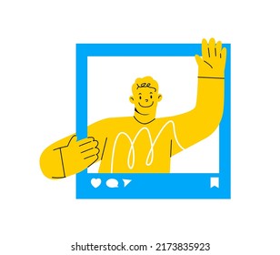 Social media post, Photography of greeting cheerful man. Social media influence, network profile in the frame. Vector illustration