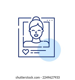 Publicación en medios sociales. Icono de línea de trazo de píxeles perfecto, modificable