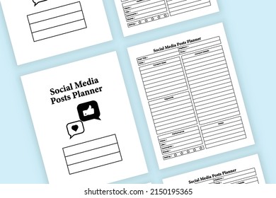 Social media post planner interior. Daily social media post and blog information tracker template. Interior of a notebook. Social media post schedule tracker and blog writer info checker interior.