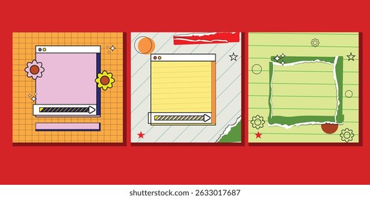Social media post Pop-art vector design with retro elements, bright colors and scrapbook style social media frames for creative  pop-art with retro elements, bright colors and scrapbook