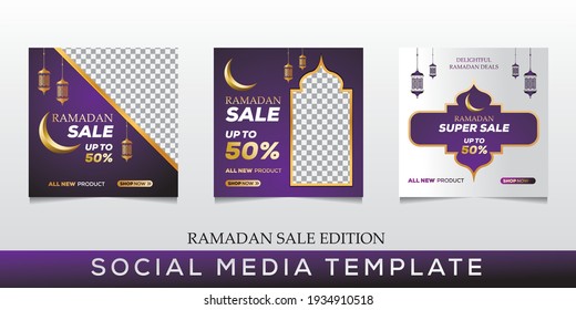 Social Media Post Promotion For Ramadan Sale. Ramadan Social Media Post Template With Blank Areas For Images Or Text.