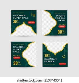 Social Media Post Promotion for Ramadan Sale set with elegant Green and gold gradient colors with empty space for image