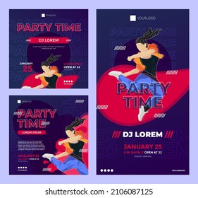 social media post promotion template, dark purple night party event, with striped dancing character ornament