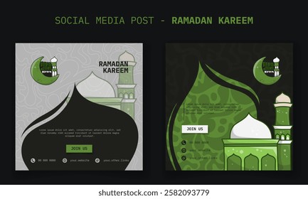 Social media post for ramadan kareem with mosque and ornamental background. arabic text on background mean is ramadan kareem. Islamic background in cartoon design