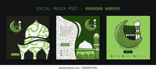 Social media post for ramadan kareem with mosque and ornamental background. arabic text on background mean is ramadan kareem. Islamic background in cartoon design