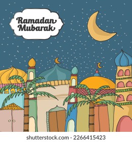 A social media post for ramadan mubarak with a colorful cityscape, a banner for ramadan