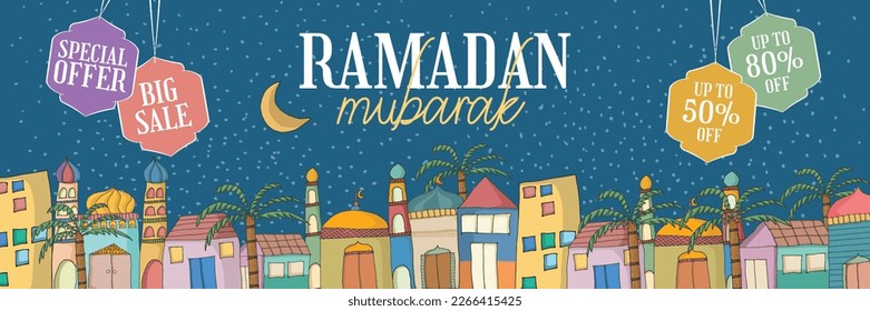 A social media post for ramadan mubarak with a colorful cityscape and a banner for ramadan sale