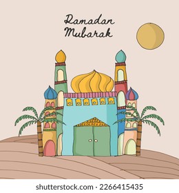 A social media post for ramadan mubarak with a colorful mosque and minaret, a banner for ramadan
