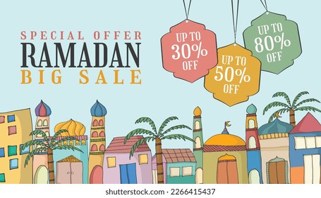 A social media post for ramadan mubarak with a colorful cityscape and a banner for ramadan sale