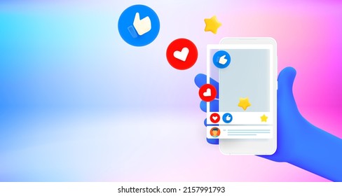 Social media post with reactions on smartphone screen. 3d vector banner with copy space