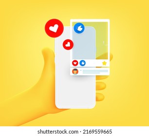 Social media post with reactions on smartphone screen. 3d vector illustration