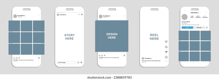 social media post, reel, story, live template mockup, smartphone social media post template app interface.vector illustration