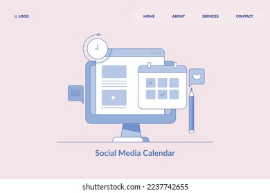 Social media post schedule, Social media management, digital marketing strategy with content calendar - outline vector landing page template