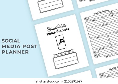 Social media post schedule planner interior. Blog writer information tracker and keyword checker template. Interior of a logbook. Daily social media post planner and impression tracker interior.