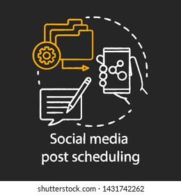 Social media post scheduling chalk concept icon. Social management platform idea. Digital marketing automation tool. Blogging, mass mailing. Vector isolated chalkboard illustration