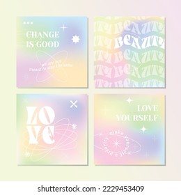 Social media post selflove   selfcare template set grainy gradient and geometric elements  stars  elipses   circles  Holographic colors  Gradient mesh  vector  Wavy text  text by circle