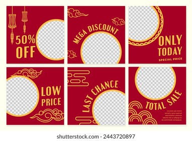 Social media post set with asian line decoration