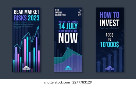 Social media post set for trading schools and courses. Template design collection with candle stick chart graphs and editable text. Vector background with trendy illustrations and neon colors 