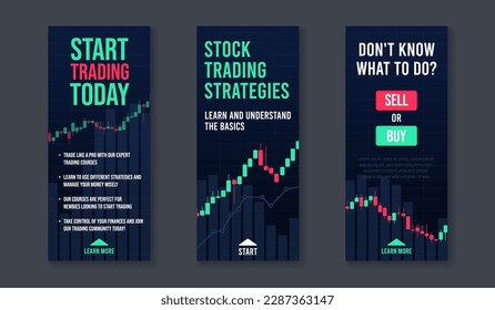 Social media post set for trading schools and courses. Template design collection with candle stick chart graphs and editable text. Vector background with trendy illustrations and neon colors 