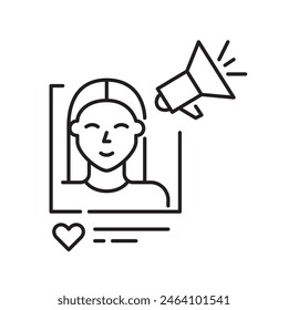 Social media post. Smiling woman picture and megaphone. Sharing blogger content and smm. Pixel perfect, editable icon