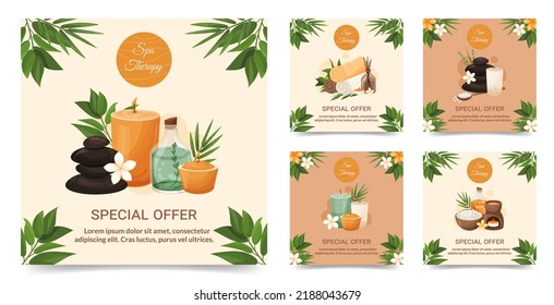 Social media post spa templates collection Special offer banner design with flowers, tropical leaves, aroma candles, hot stones. Salon therapy, relax, natural products, beauty care vector