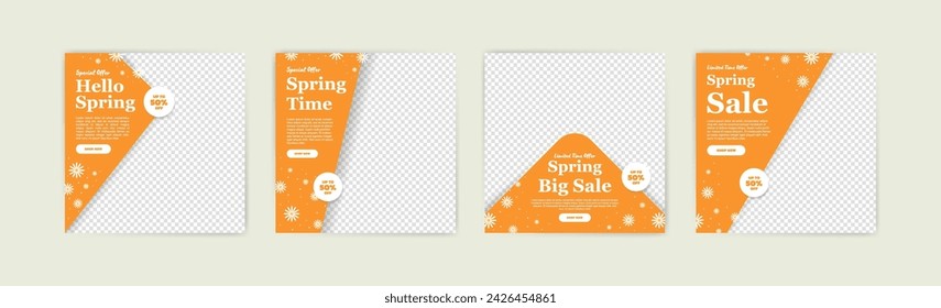 Social media post for spring sale. Spring sale banner with beautiful colorful flowers. Spring banner with 50% discount.