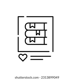 Publicación en medios sociales. Pila de libros con marcadores. Biblioteca, club de lectura, librería. Icono de trazo de píxeles perfecto, modificable
