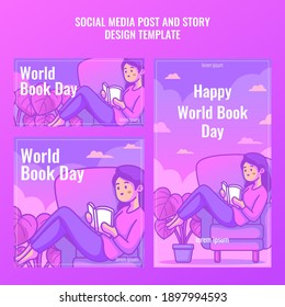 Social media post and story for happy world book day, woman reading a book