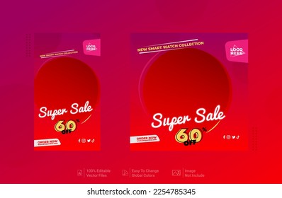 Social Media Post and story Super Sale Smart Watch, Gradient Background