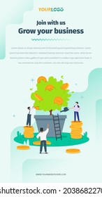 Social Media Post Story Template with flat Character, Plants and Coins illustration Growing Business Used for web, app, infographic, advertising, etc