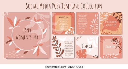 Publicación en medios sociales de la plantilla 8 de la colección de marchas. Diseño de pancartas del Día Internacional de la Mujer en tonos rosa pastel. Conjunto de plantillas de moda cuadrada perfectas para tarjetas de felicitación, invitaciones, anuncio de Internet