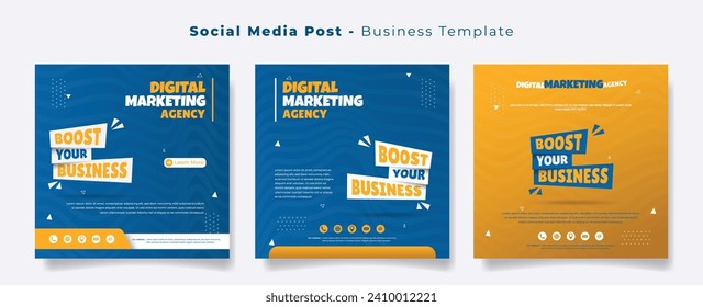 Social media post template with abstract waving background in blue and yellow for advertising design