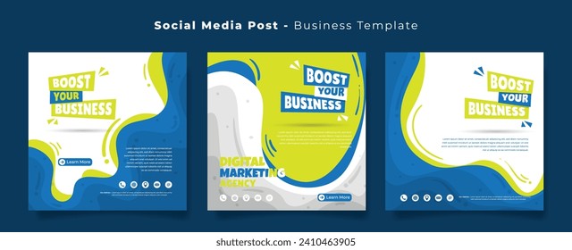 Social media post template for advertising design with waving green and blue background