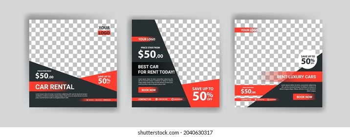 Plantilla de publicación de medios sociales para el servicio de alquiler de autos. Vector de banner para anuncios de medios sociales, anuncios web, mensajes de negocios, volantes de descuento y banners de gran venta.